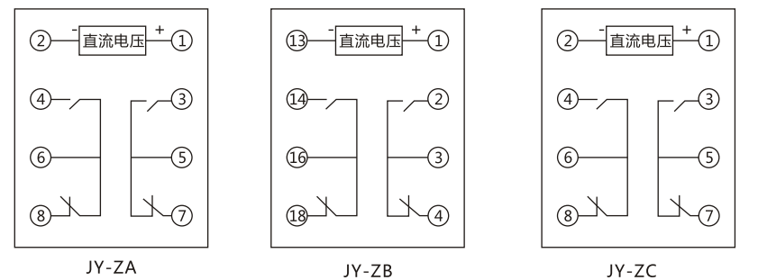 JY-ZB直流高低值电压继电器内部接线及外引接线图