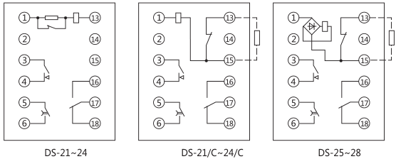 DS-21时间继电器内部接线及外引接线图(正视图)
