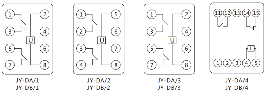 JY-DA/2集成电路直流电压继电器内部接线图及外引接线图（正视图）
