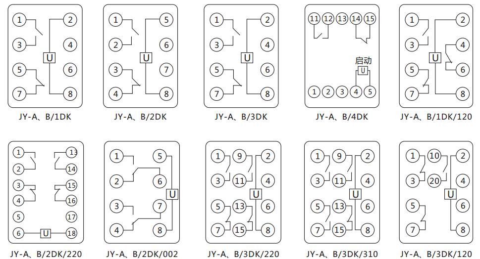 JY-A/2DK无辅源电压继电器内部接线图及外引接线图（正视图） 