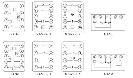 JL-C/21-1、2反时限电流继电器内部接线及外引接线图（正视图）
