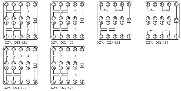 DZY（J)-404导轨式中间继电器内部端子外引接线图(正视)