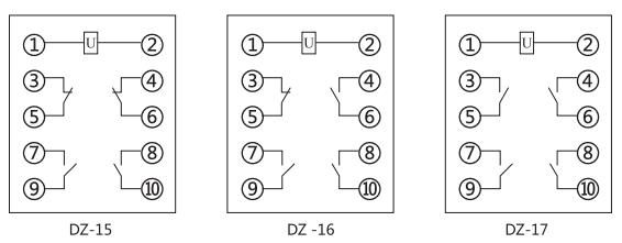 DZ-15中间继电器内部接线图及外引接线图(正视图)