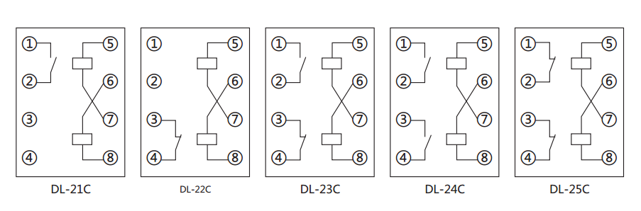 DL-24C系列电流继电器内部接线及外引接线（正视图）