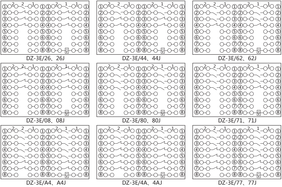 DZ-3E/08(J)中间继电器内部接线图及外引接线图