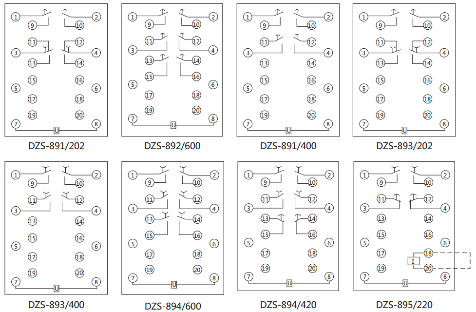 DZS-894延时中间继电器内部接线图及外引接线图（背视）