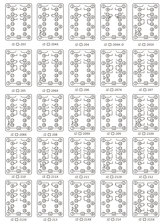 JZY（J)-203X静态中间继电器内部接线图及外引接线图