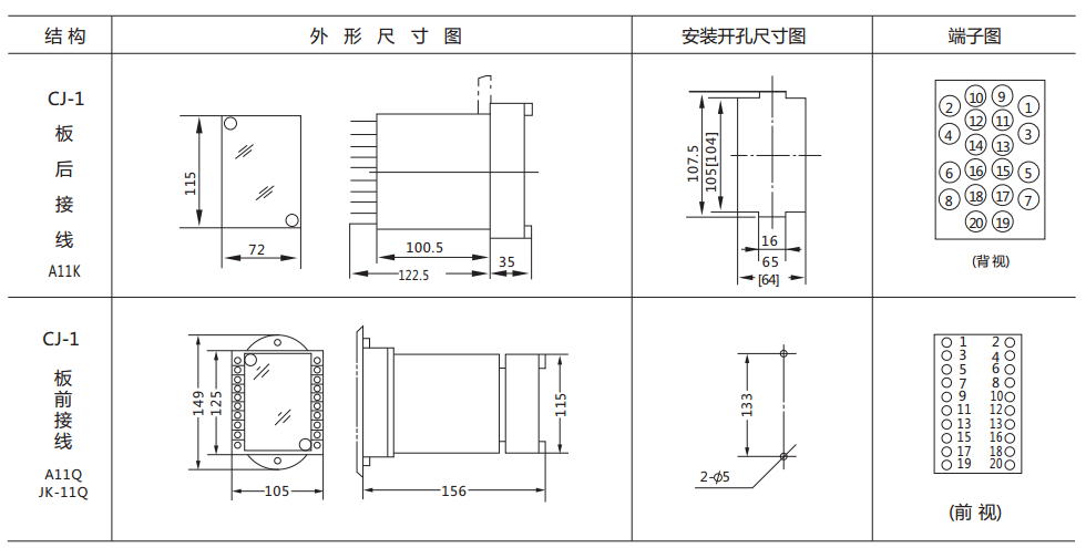 DY-37/Z电压继电器外形及开孔尺寸图